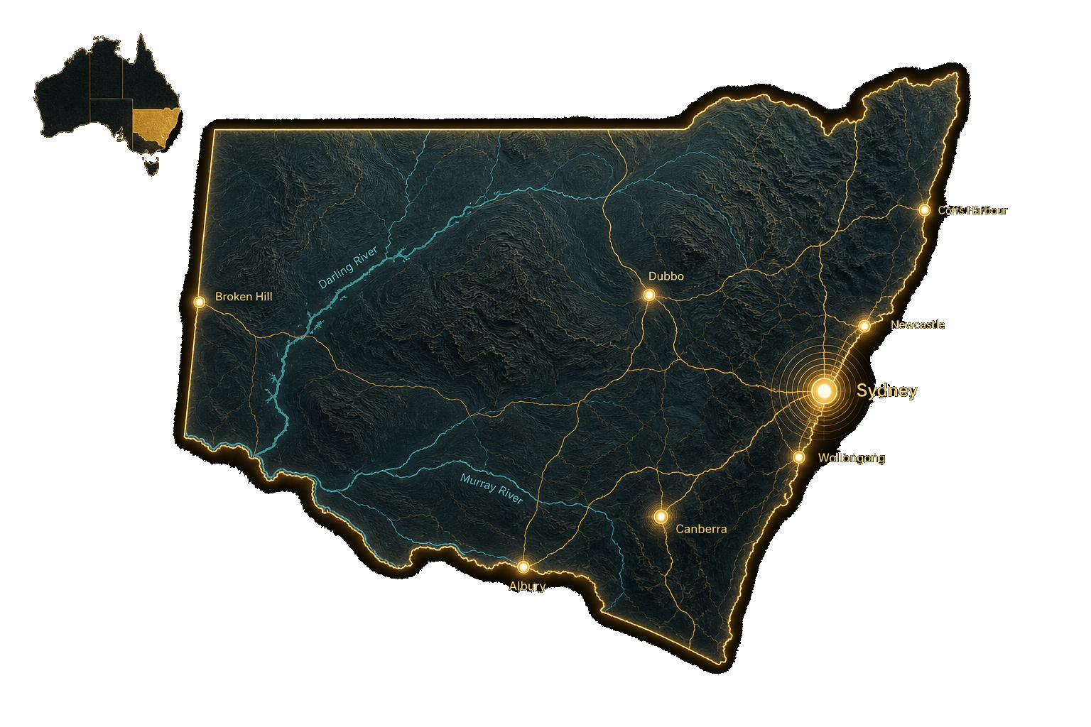 Modern map of New South Wales highlighting duplex practice locations across the state
