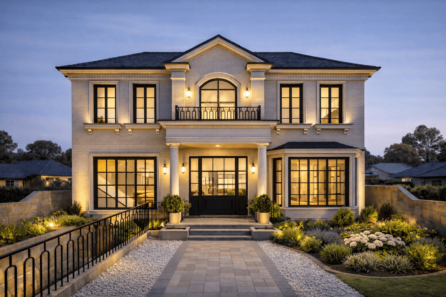 Architect-designed duplex, dusk facade, Boden Avenue Strathfield
